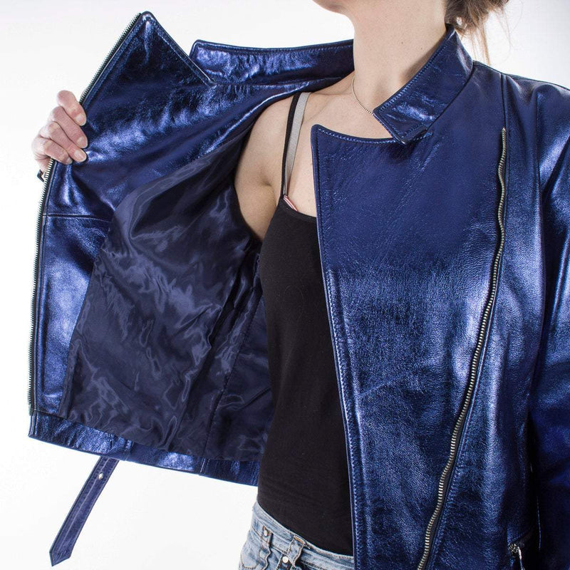 Italian handmade Women genuine lambskin leather biker jacket slim fit Metallic Blue