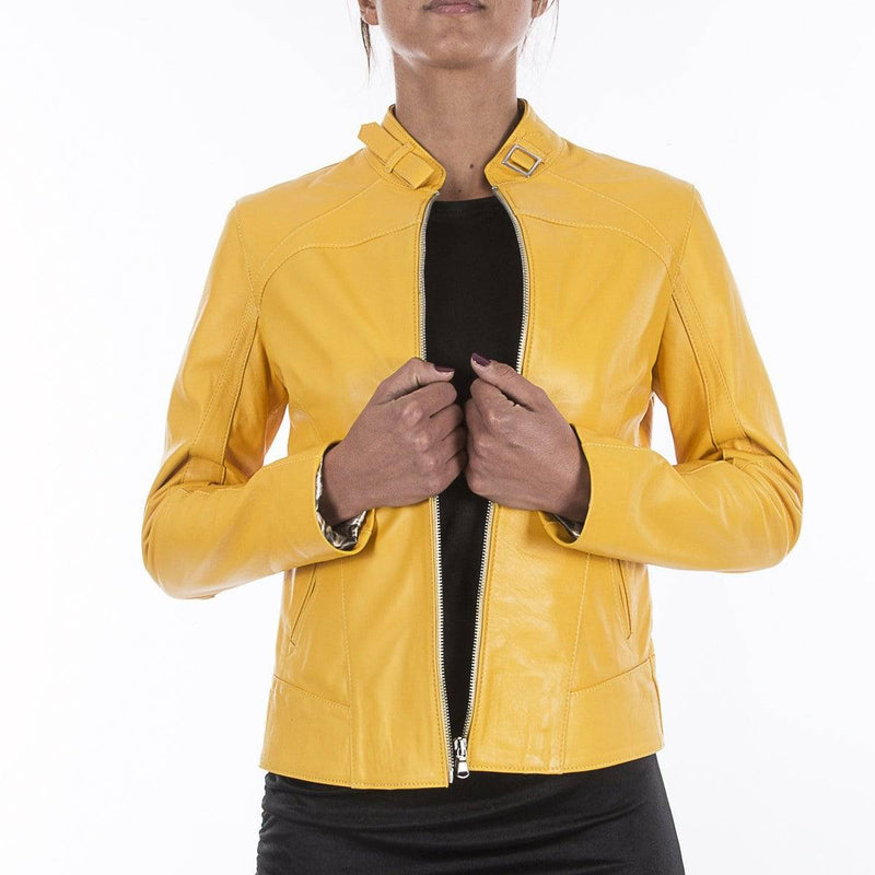 Italian handmade Women soft genuine lambskin leather jacket slim fit color Yellow