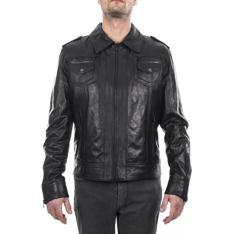 Italian handmade Men genuine lambskin leather jacket slim fit color Black