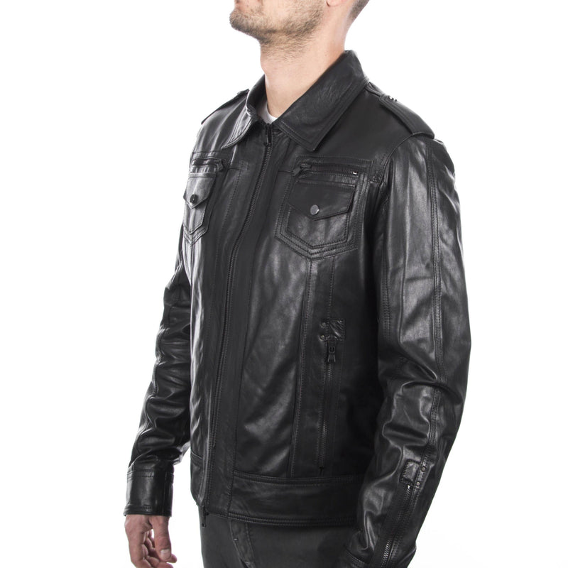 Italian handmade Men genuine lambskin leather jacket slim fit color Black