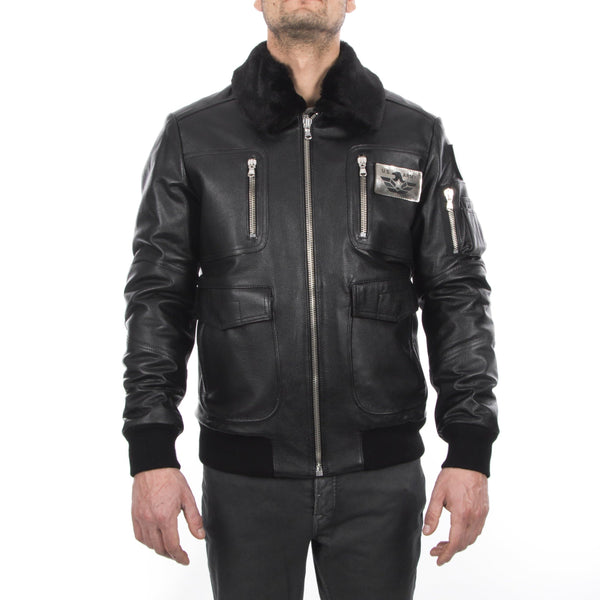 Italian handmade Men Waterproof  ARMY Bomber leather jacket color grainy Black