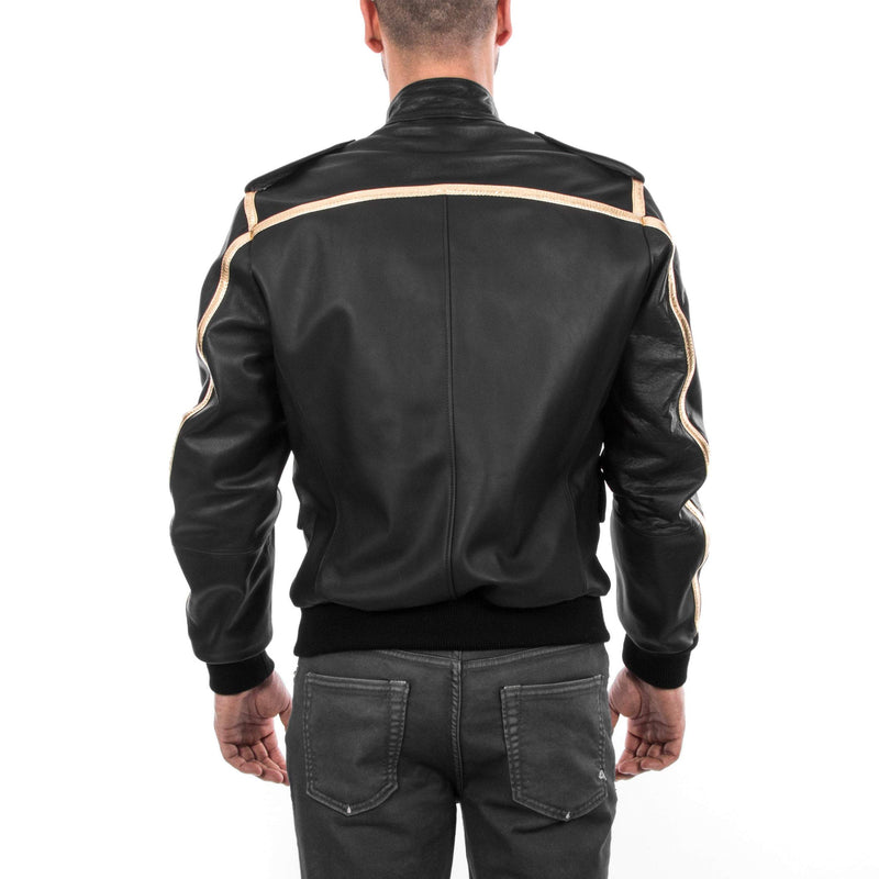 Italian men genuine lamb leather bomber jacket black & gold S To 2XL