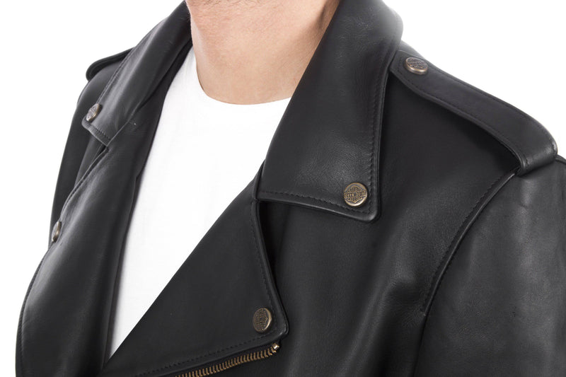 Italian handmade Men genuine lambskin leather biker jacket slim fit color black - brass hardware