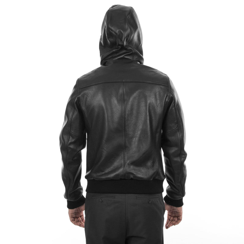 Italian handmade Men soft Genuine leather hooded bomber jacket color Black