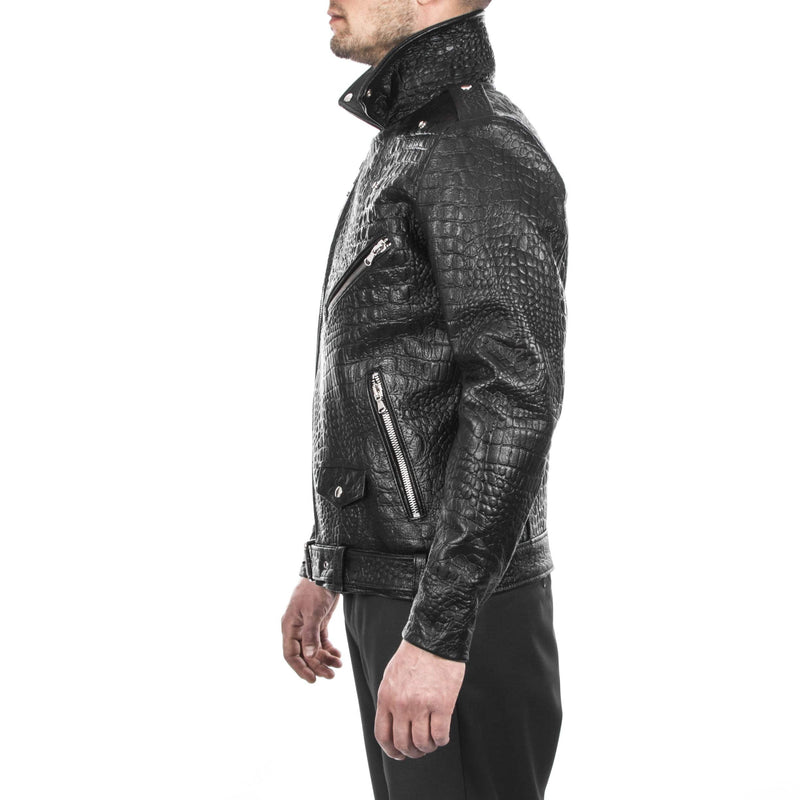 Italian handmade Men black Crocodile leather biker jacket slim fit XXS to 3XL