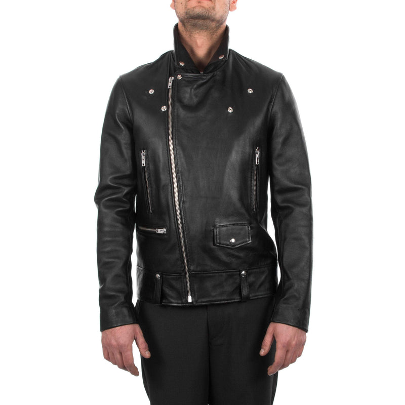 Italian handmade Men genuine lambskin leather biker jacket slim fit color black silver hardware S to 2XL