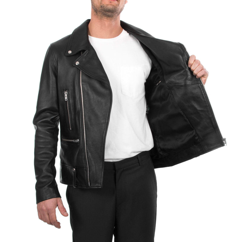 Italian handmade Men genuine lambskin leather biker jacket slim fit color black silver hardware S to 2XL