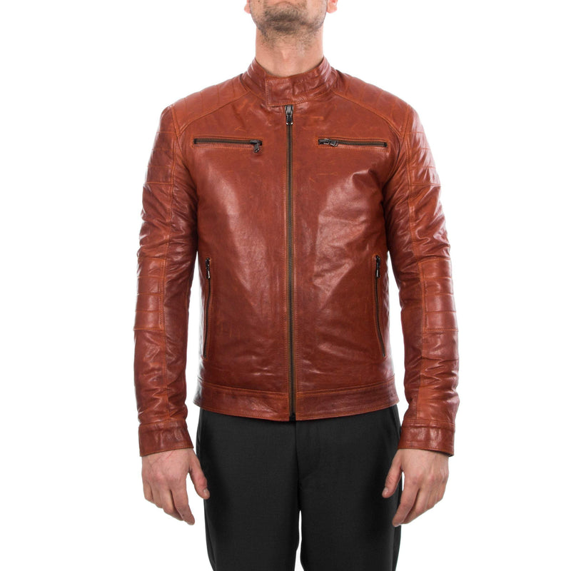 Italian handmade Men Lamb lambskin grenuine leather biker jacket slim fit cognac brown antiqued vintage look S to XL