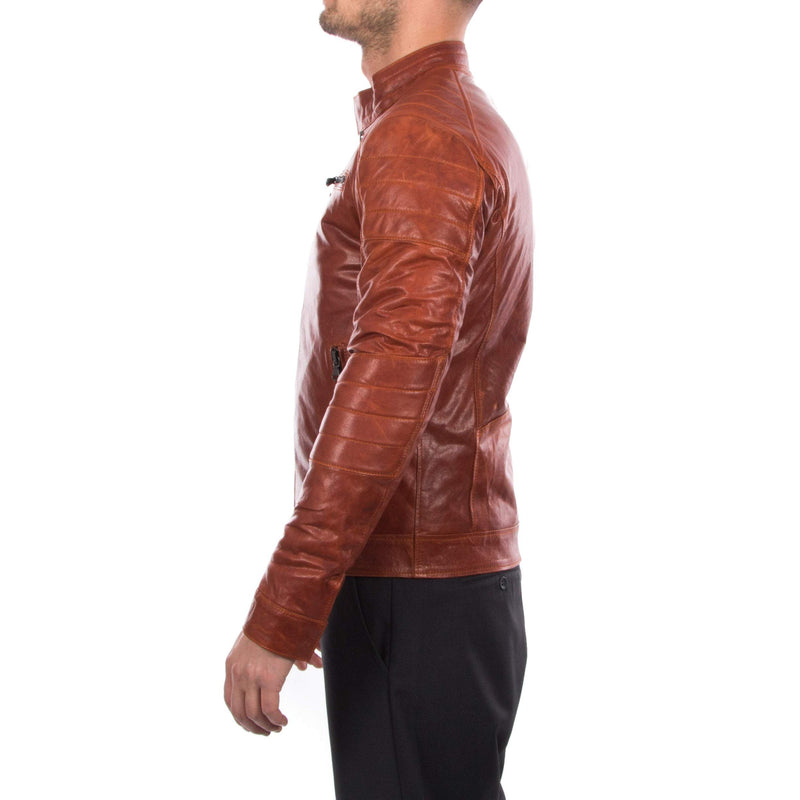 Italian handmade Men Lamb lambskin grenuine leather biker jacket slim fit cognac brown antiqued vintage look S to XL