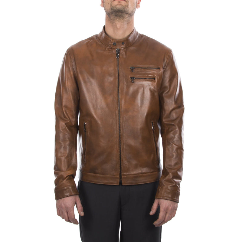 Italian handmade Fantastic slim fit Men soft genuine lambskin leather jacket color tan brown distressed S to 2XL