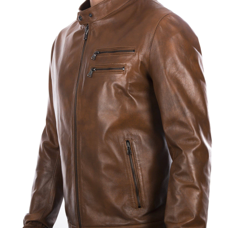 Italian handmade Fantastic slim fit Men soft genuine lambskin leather jacket color tan brown distressed S to 2XL