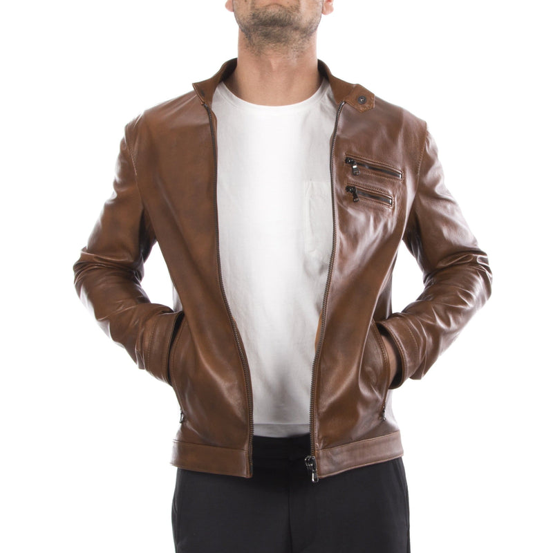 Italian handmade Fantastic slim fit Men soft genuine lambskin leather jacket color tan brown distressed S to 2XL
