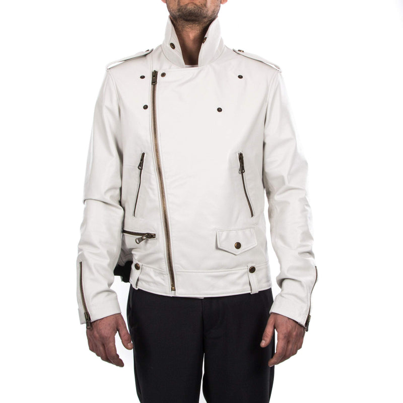 Italian handmade Men genuine lambskin leather biker jacket slim fit color ivory  brass hardware S to 2XL