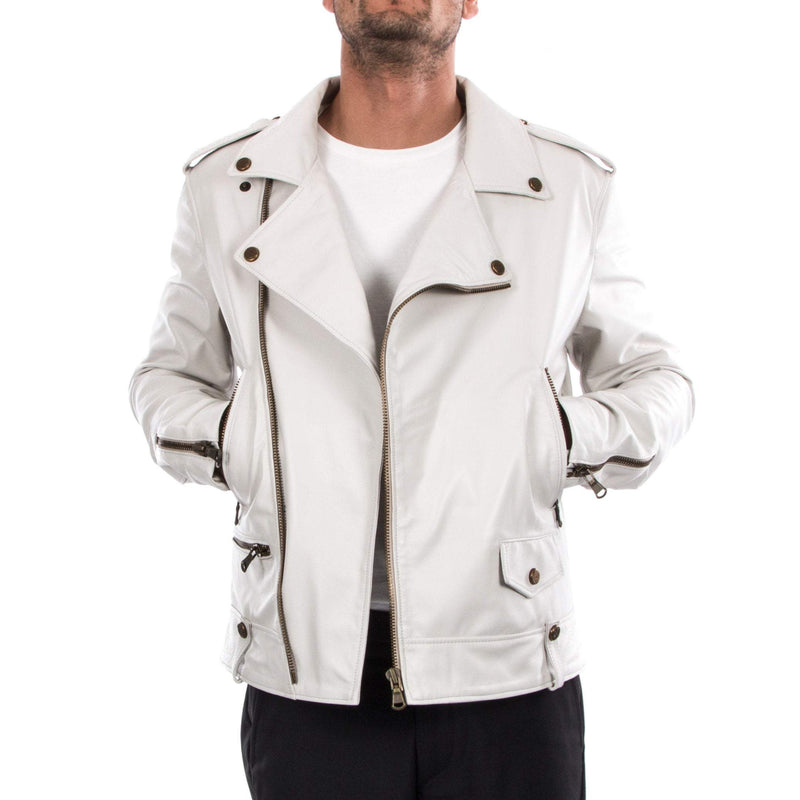 Italian handmade Men genuine lambskin leather biker jacket slim fit color ivory  brass hardware S to 2XL