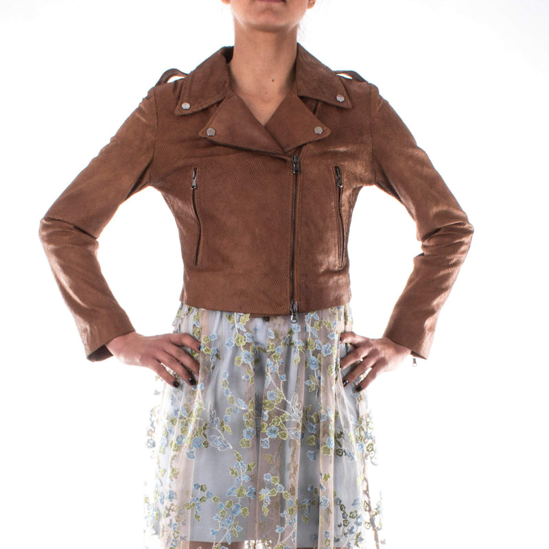 Italian handmade Women genuine soft lambskin leather trendy cropped biker jacket slim fit color BROWN snake cut