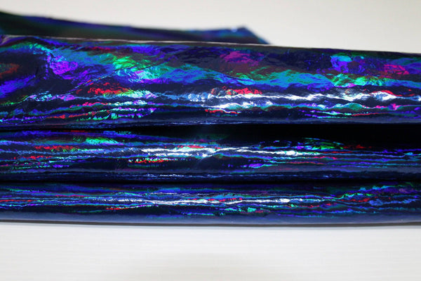 IRIDESCENT HOLOGRAPHIC BLUE Metallic Crinkled Patent Italian genuine Lambskin Lamb Sheep leather skins hides