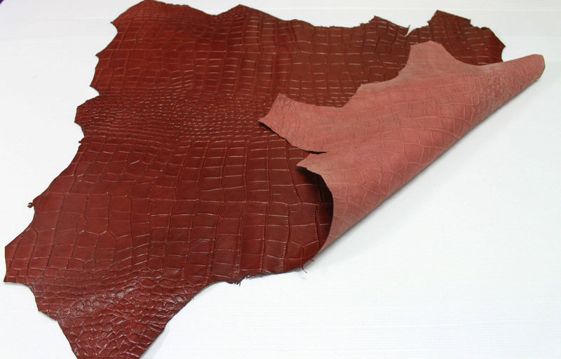 COGNAC REDDISH BROWN Crocodile Embossed Italian genuine Goatskin Goat leather skins hides 0.5mm to 1.2mm