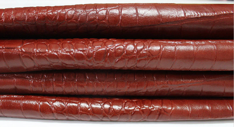 COGNAC REDDISH BROWN Crocodile Embossed Italian genuine Goatskin Goat leather skins hides 0.5mm to 1.2mm