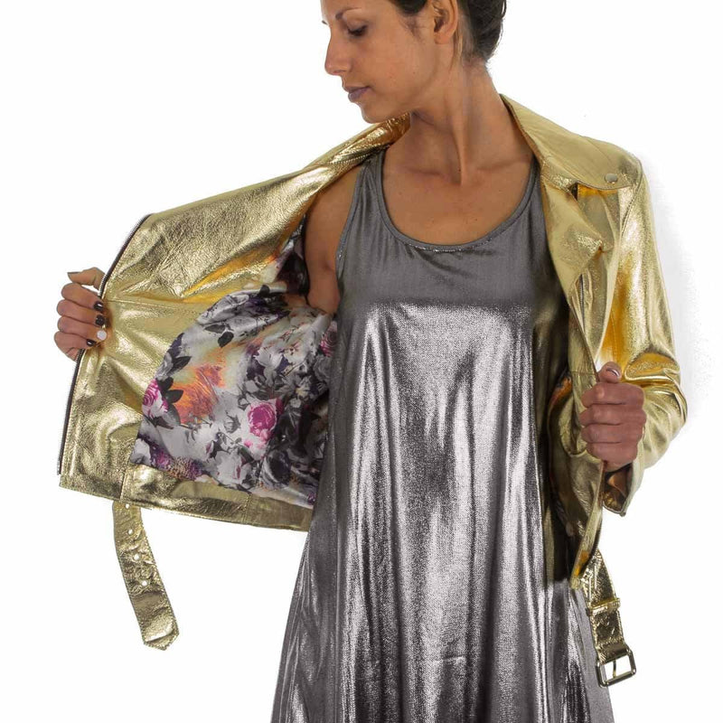 Italian handmade Women soft genuine lambskin lamb leather biker jacket slim fit color Metallic Gold