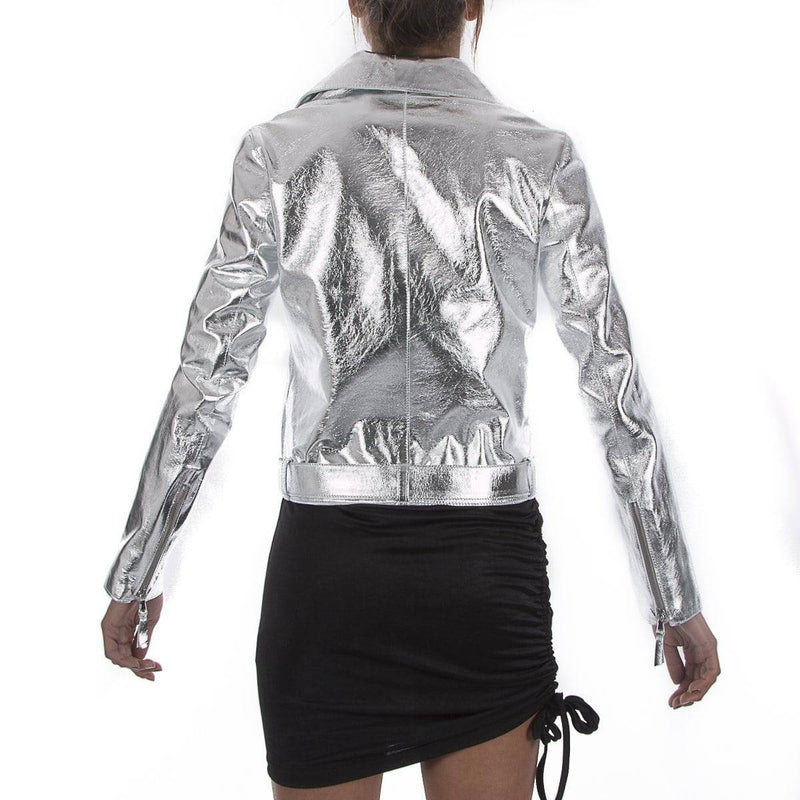 Italian handmade Women soft genuine lambskin lamb leather biker jacket slim fit color Metallic Silver