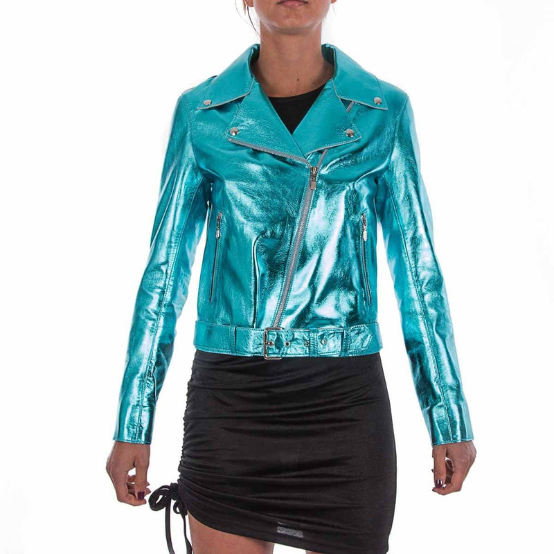 Italian handmade Women soft genuine lambskin lamb leather biker jacket slim fit color Metallic Turquoise Blue