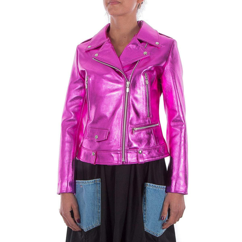 Italian handmade Women genuine leather biker jacket slim fit metallic Hot Pink Fuchsia