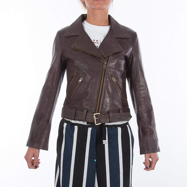 Italian handmade Women genuine soft leather biker jacket slim fit color Natural Dark Brown veg tanned
