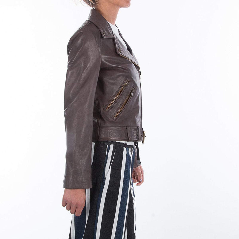 Italian handmade Women genuine soft leather biker jacket slim fit color Natural Dark Brown veg tanned