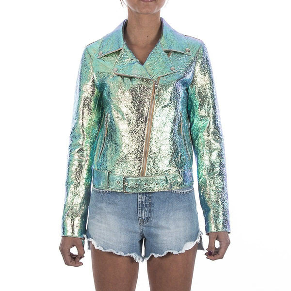 Italian handmade Women genuine leather biker jacket slim fit metallic iridescent crinkle green