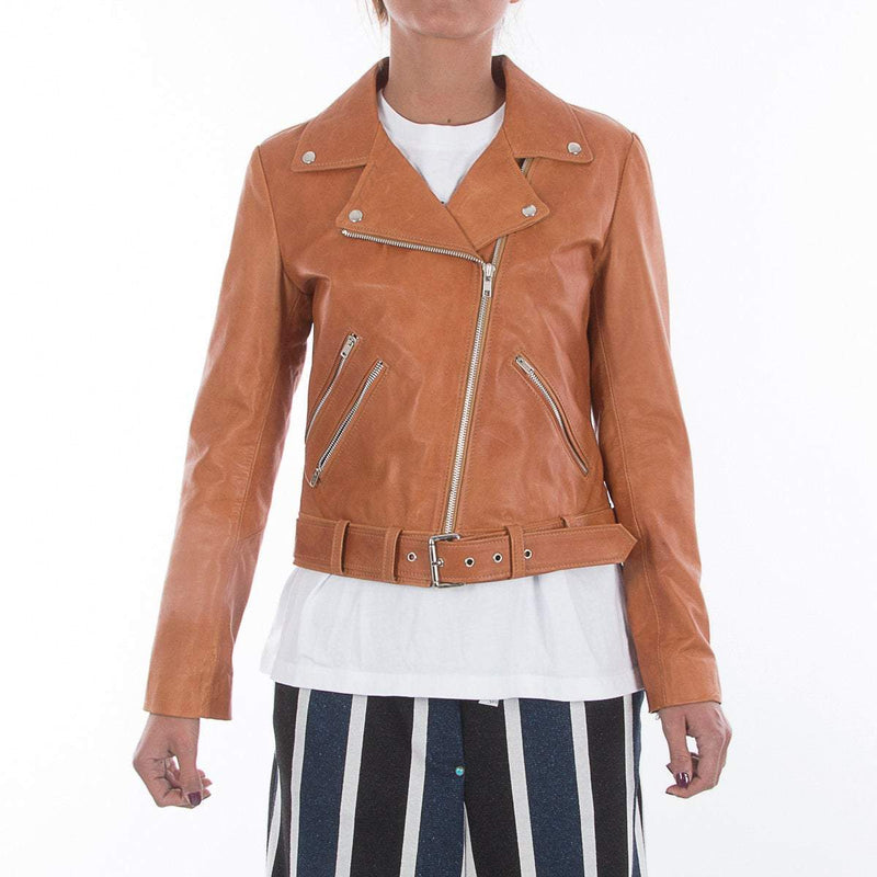 Italian handmade Women genuine leather biker jacket slim fit color Vintage Tan