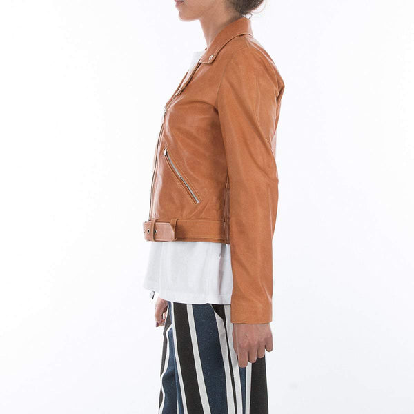 Italian handmade Women genuine leather biker jacket slim fit color Vintage Tan