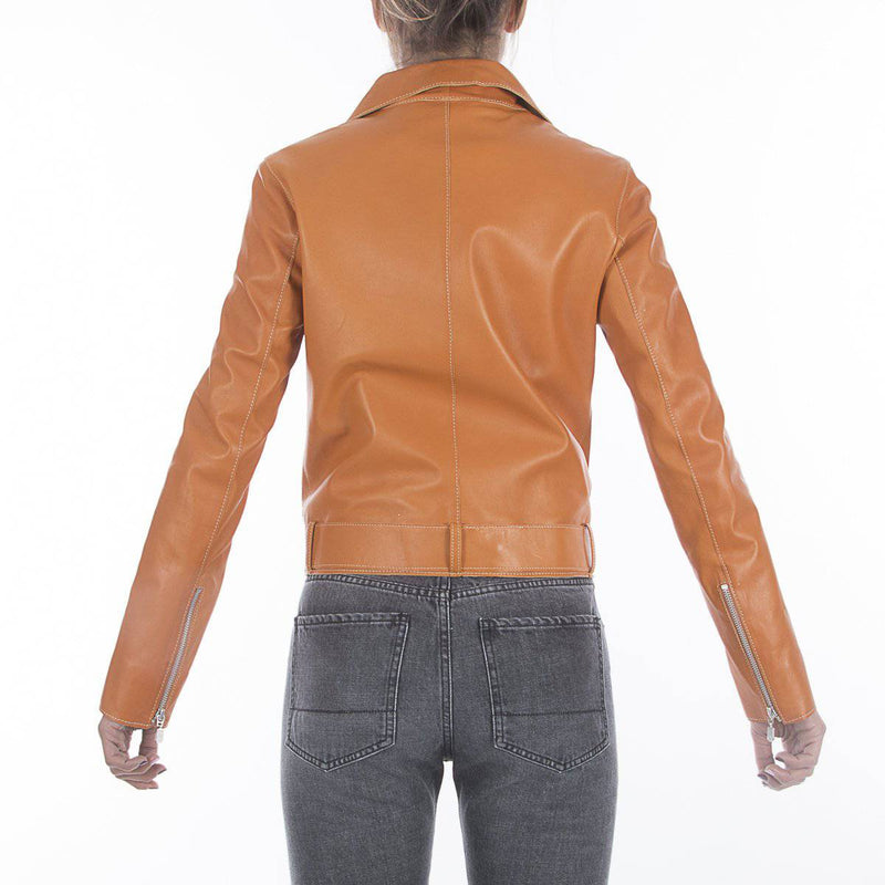 Italian handmade Women soft genuine lambskin lamb leather biker jacket slim fit color Tan