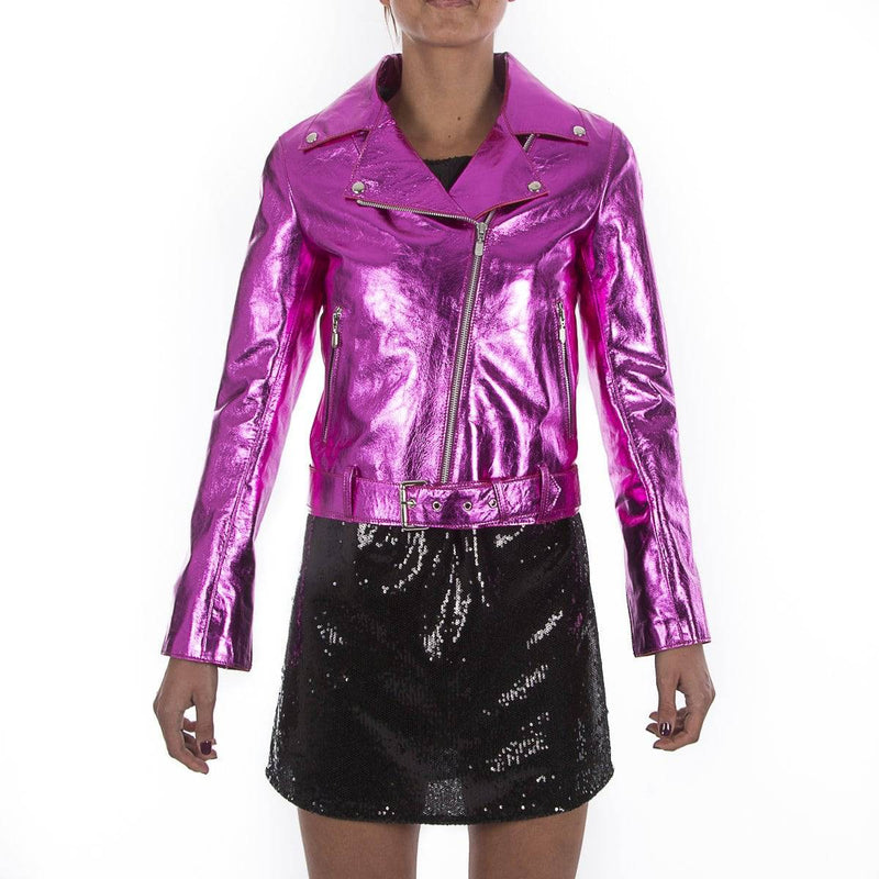 Italian handmade Women soft genuine lambskin lamb leather biker jacket slim fit color Metallic hot pink Fuchsia