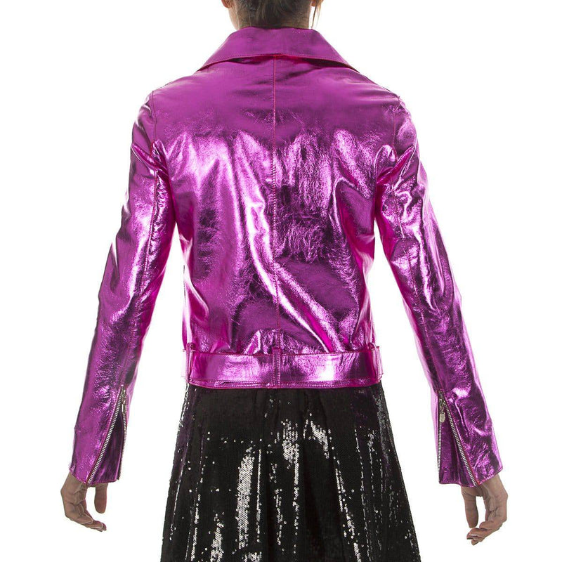 Italian handmade Women soft genuine lambskin lamb leather biker jacket slim fit color Metallic hot pink Fuchsia