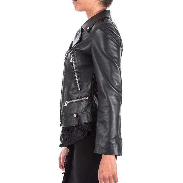 Italian handmade Women genuine leather biker jacket slim fit black