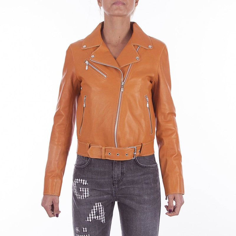 Italian handmade Women soft genuine lambskin lamb leather biker jacket slim fit color Tan
