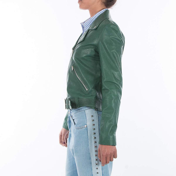 Italian handmade Women genuine leather biker jacket slim fit Natural Green