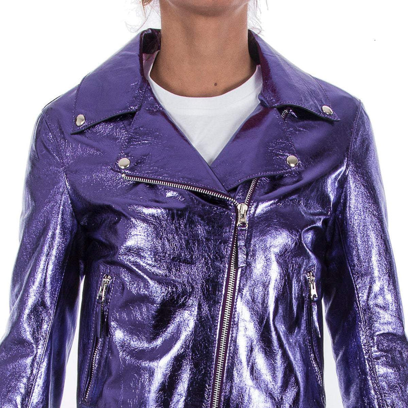 Italian handmade Women soft genuine lambskin lamb leather biker jacket slim fit color Metallic Purple