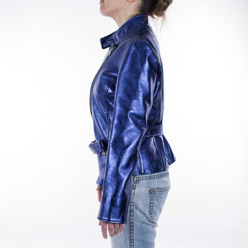 Italian handmade Women genuine lambskin leather biker jacket slim fit Metallic Blue