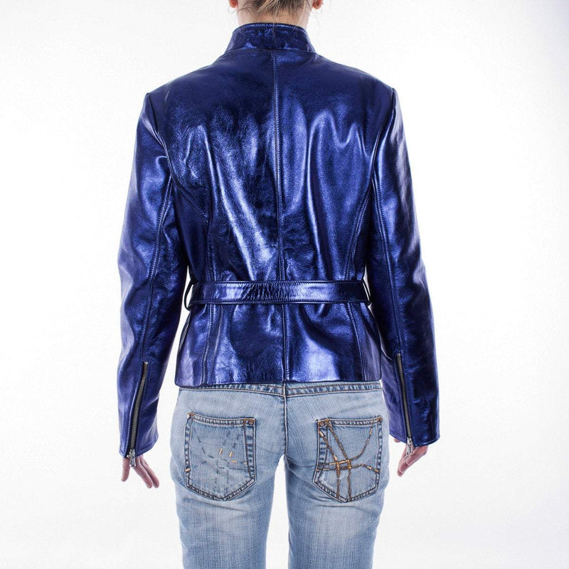 Italian handmade Women genuine lambskin leather biker jacket slim fit Metallic Blue