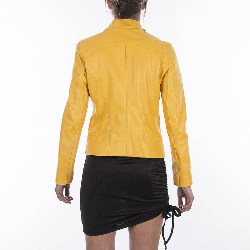 Italian handmade Women soft genuine lambskin leather jacket slim fit color Yellow