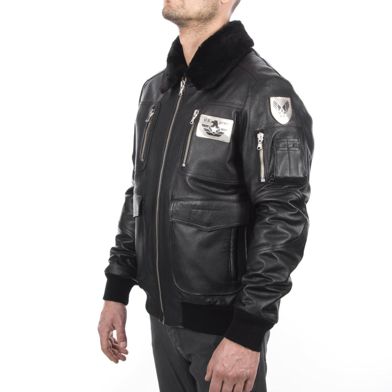 Italian handmade Men Waterproof  ARMY Bomber leather jacket color grainy Black
