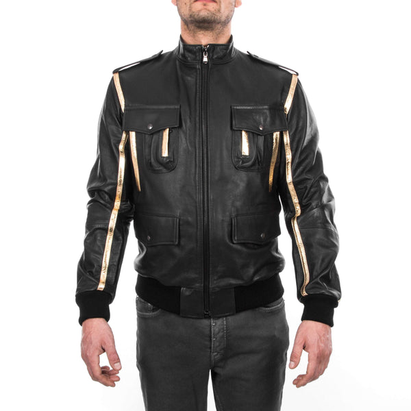 Italian men genuine lamb leather bomber jacket black & gold S To 2XL