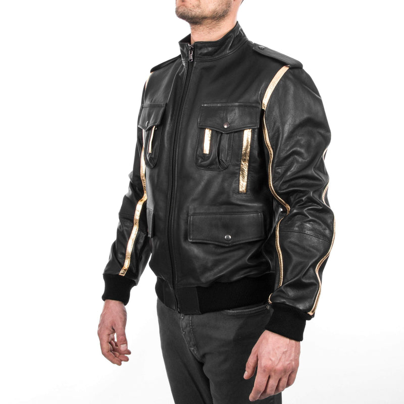 Italian men genuine lamb leather bomber jacket black & gold S To 2XL