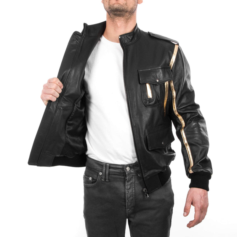 Italian men genuine lamb leather bomber jacket black & gold S To 2XL