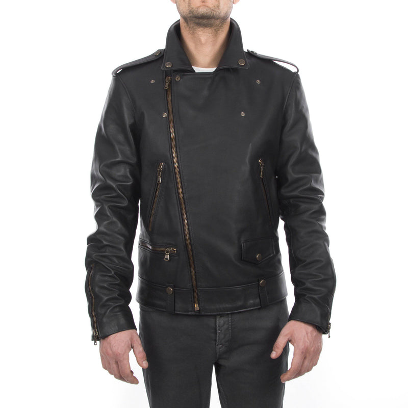 Italian handmade Men genuine lambskin leather biker jacket slim fit color black - brass hardware
