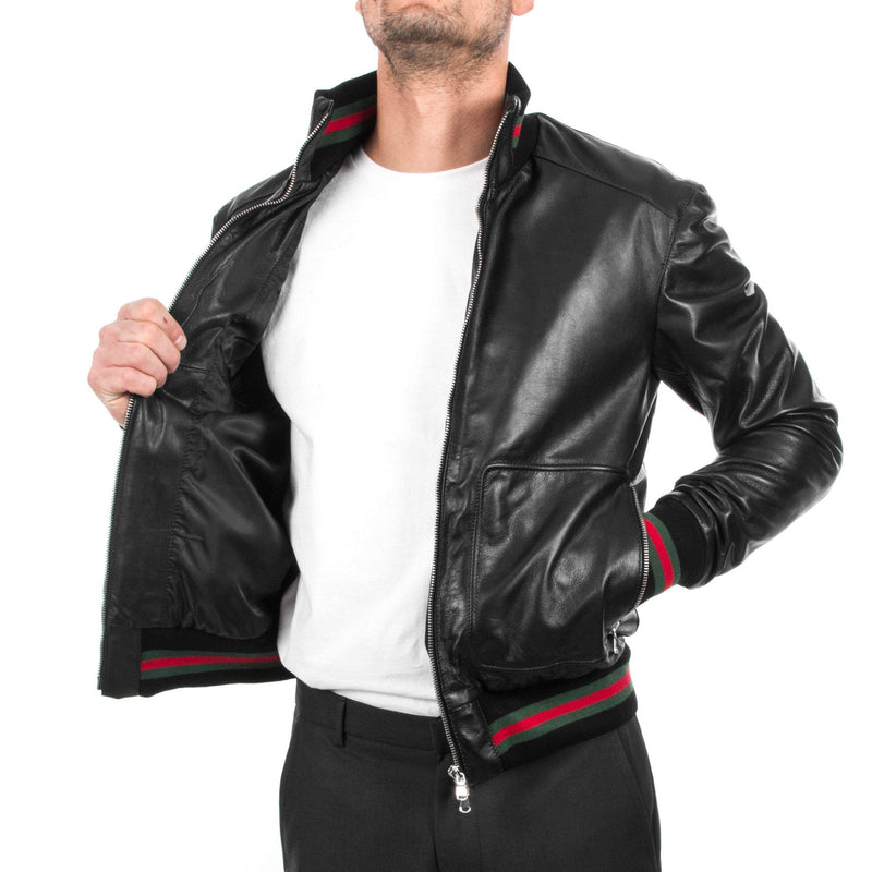 Italian handmade Men soft genuine lambskin Bomber leather jacket color Black S to XL