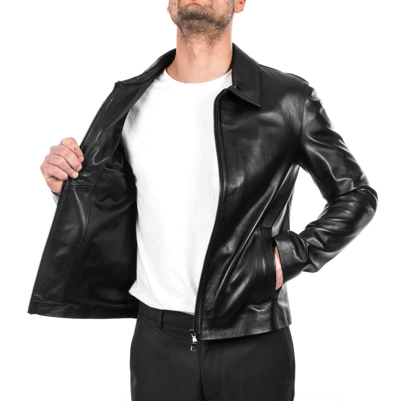 Italian handmade Men genuine lambskin leather jacket slim fit BLACK