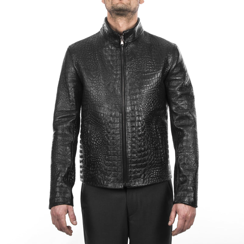 Italian handmade Men genuine Goatskin leather jacket slim fit alligator crocodile Black S to 3XL