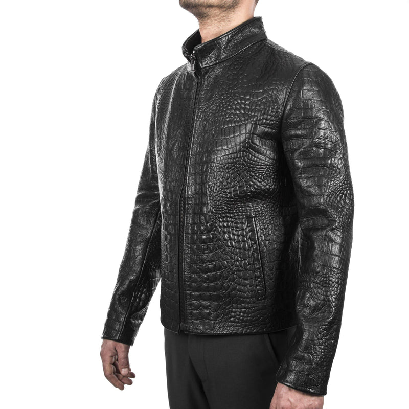 Italian handmade Men genuine Goatskin leather jacket slim fit alligator crocodile Black S to 3XL